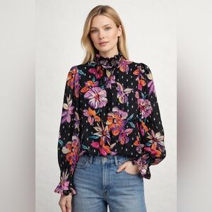 Fate Black Multi Color Floral Ruffle Neck Blouse Romantic Boho Cottagecore Top M